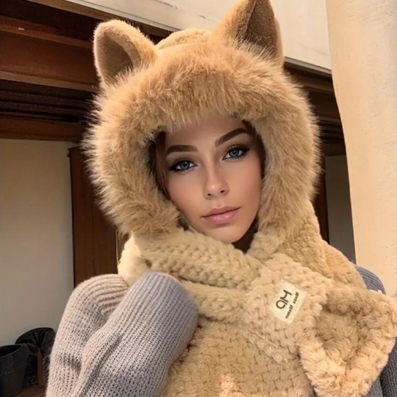 Accessories - Brown Faux Fur Hooded Scarf with Ears